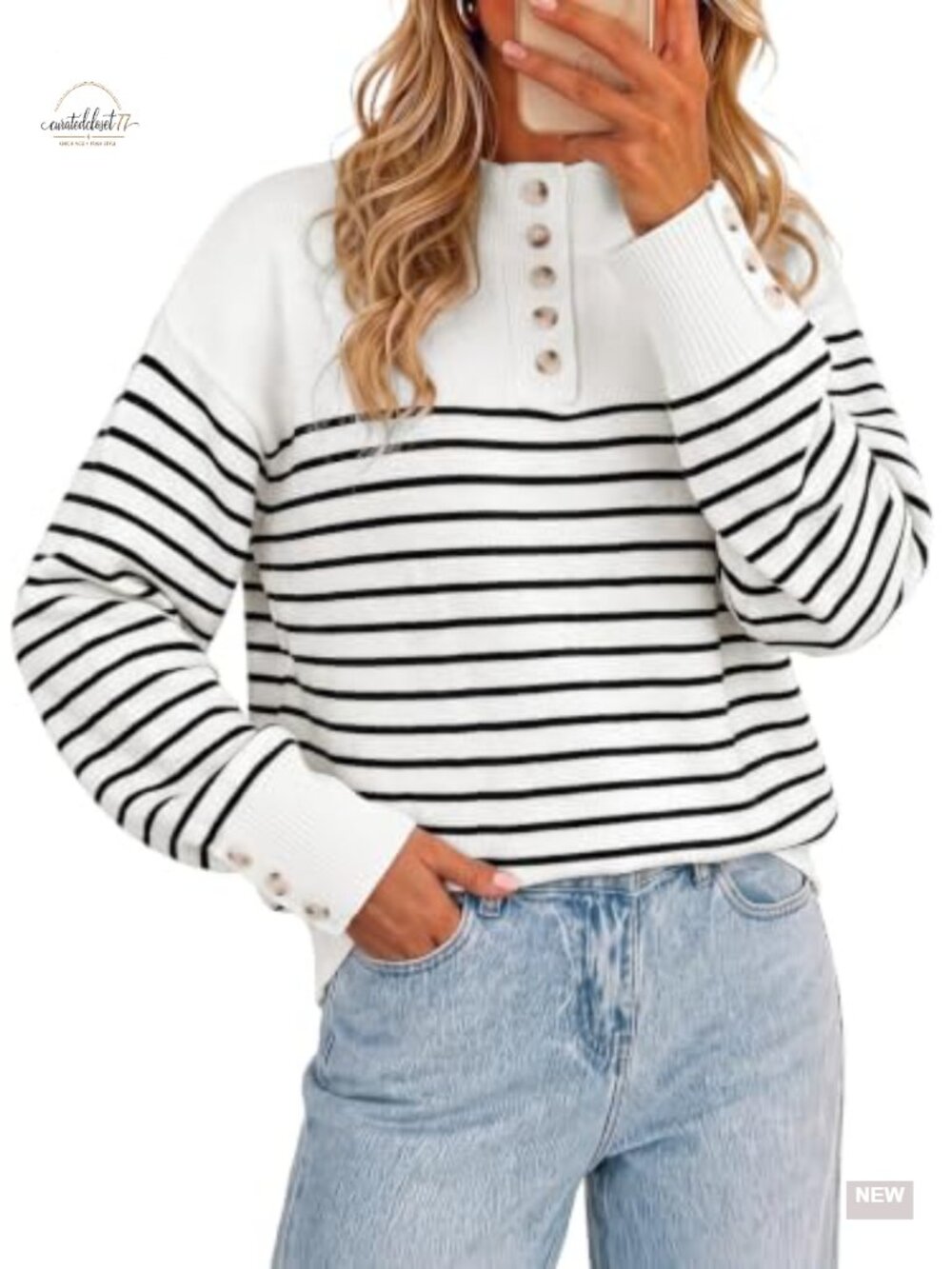 Striped Sweater Pullover Half Button Collared Loose Knit Top